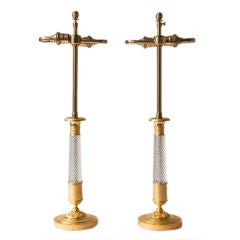 2 Charles X style gilt bronze &  cut crystal candlestick lamps