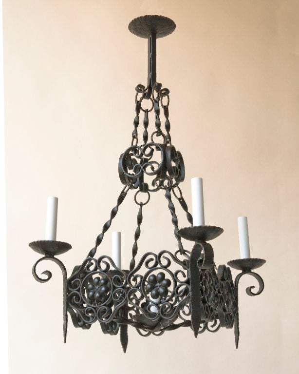 Square Black Painted Iron Five-Light Chandelier In Good Condition For Sale In New York, NY