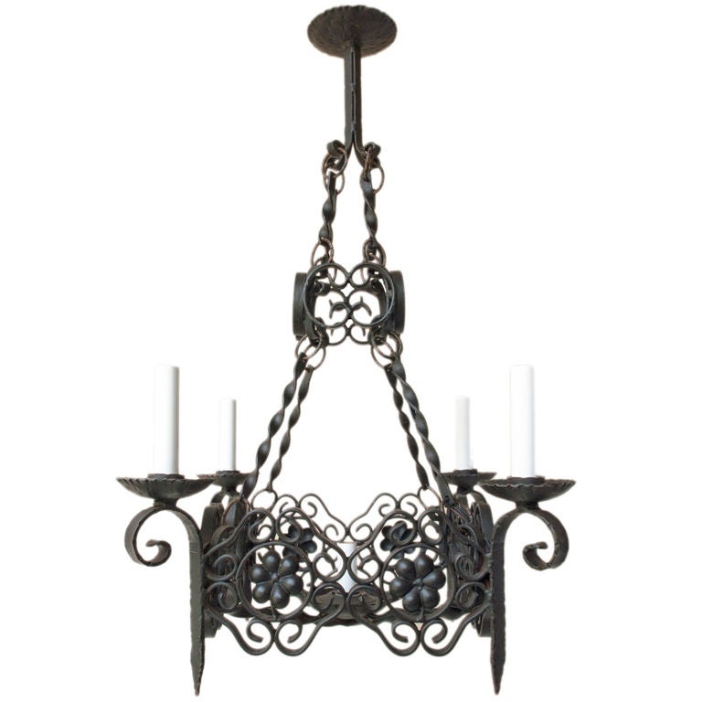 Square Black Painted Iron Five-Light Chandelier For Sale