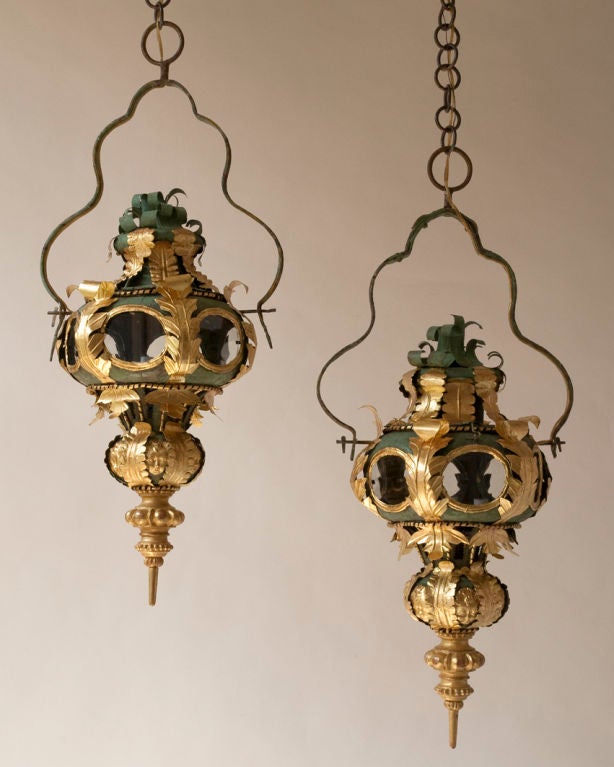 A  pair of gilt and painted tole Venetian lanterns