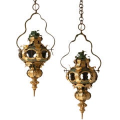 A  pair of gilt and painted tole Venetian lanterns