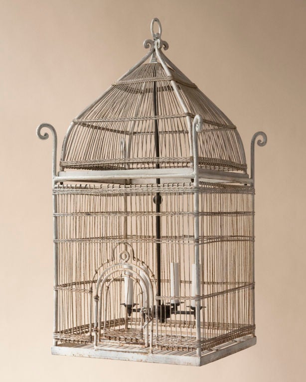 An Orientaliste style white painted metal bird cage wired as a chandelier, French 20th century,as is<br />
Overall height-43