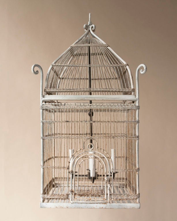 French Orientaliste style white painted metal bird cage chandelier For Sale