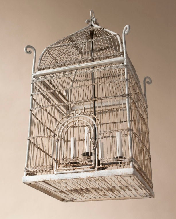 20th Century Orientaliste style white painted metal bird cage chandelier For Sale