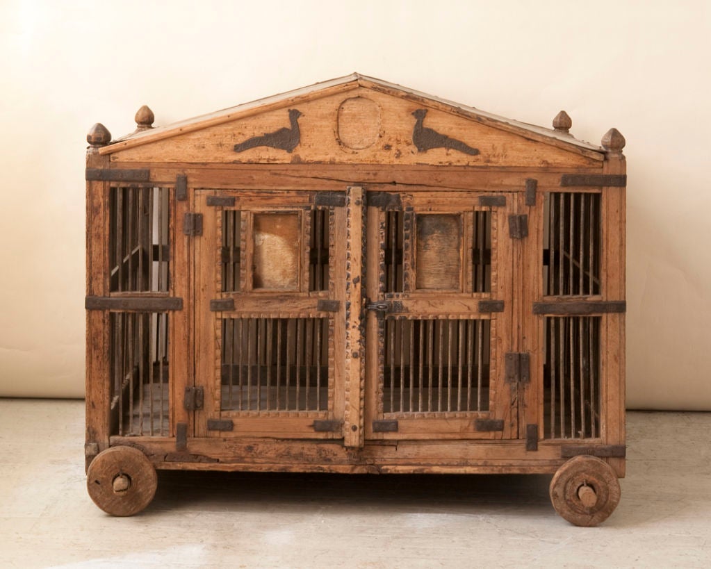 20th Century Large antique Asian wood and iron bird cage quilted metal top