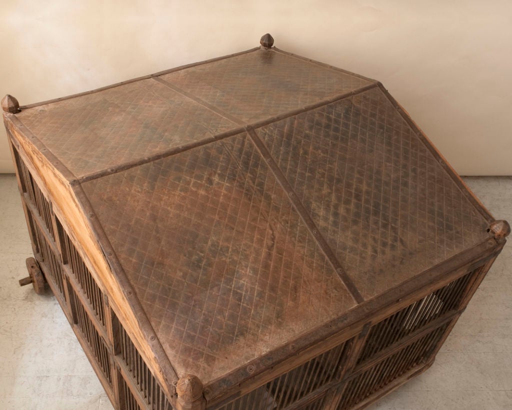 Large antique Asian wood and iron bird cage quilted metal top 2