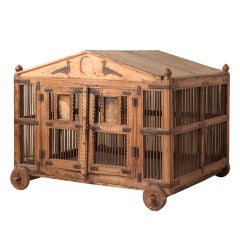 Large antique Asian wood and iron bird cage quilted metal top