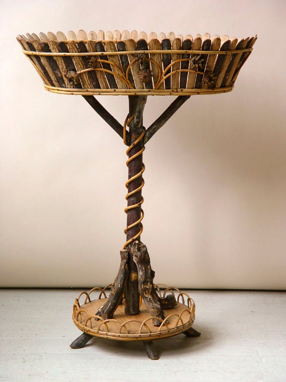 French Twig and Wood Rustic Jardiniere, Oblong on a Pedestal Base Savoie For Sale