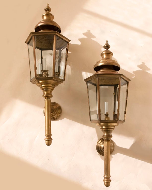 Pair of large bronze/ brass  hexagonal  “carriage house” sconces