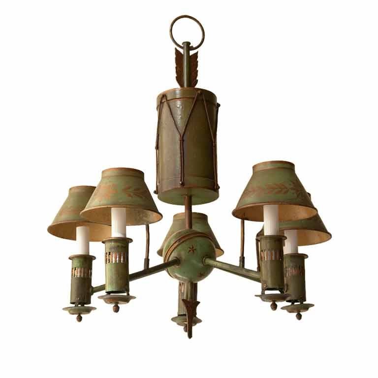 Green Tole Directoire Style Chandelier with Drum Motif For Sale