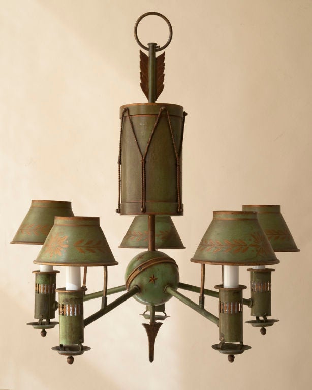 20th Century Green Tole Directoire Style Chandelier with Drum Motif For Sale