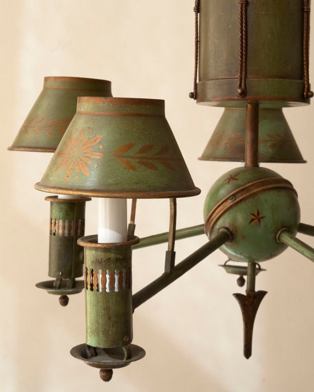 Tôle Green Tole Directoire Style Chandelier with Drum Motif For Sale