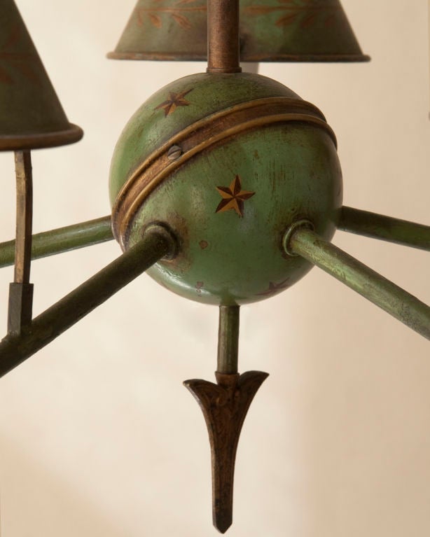 Green Tole Directoire Style Chandelier with Drum Motif For Sale 2