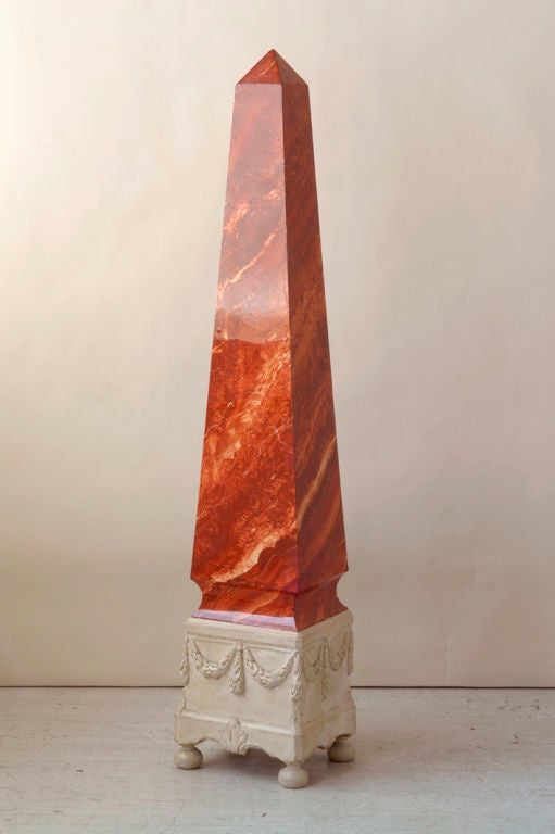 French Antique carved wood neoclassical obelisk, faux marble For Sale