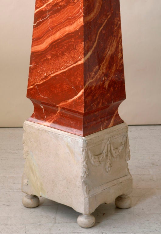 Antique carved wood neoclassical obelisk, faux marble For Sale 2