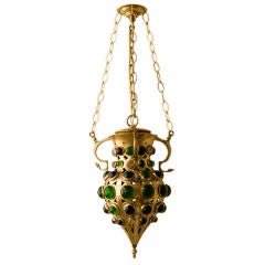 A round pierced brass & colored glass  Orientaliste lantern