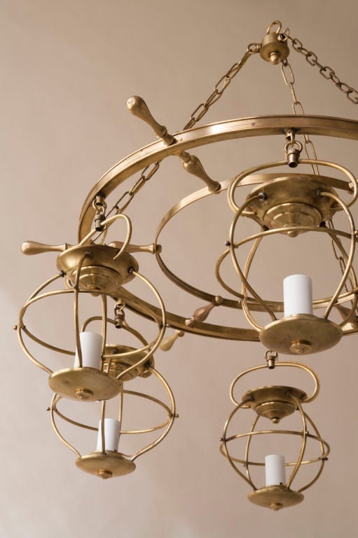 French A brass “ship’s wheel” 6 light yacht  chandelier,
