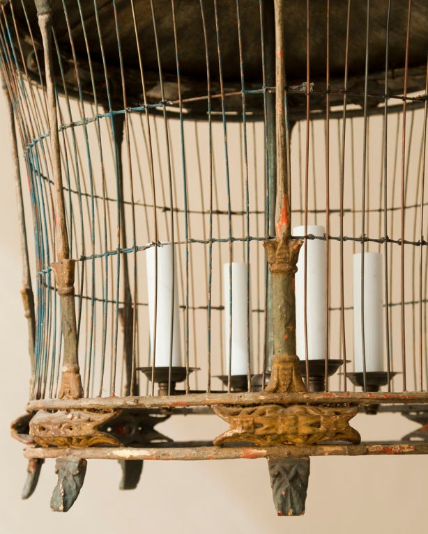 20th Century Round oriental style paper and wood bird cage chandelier