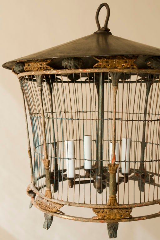Wood Round oriental style paper and wood bird cage chandelier
