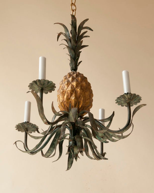 A giltwood and tole pineapple 4 arm chandelier, For Sale at 1stdibs