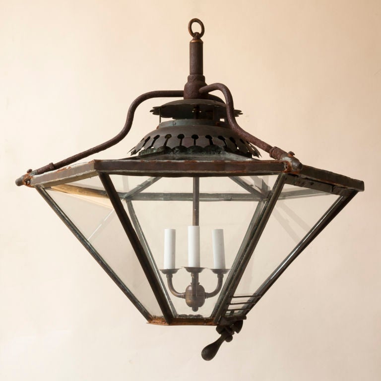 Antique hexagonal painted tole & iron lantern