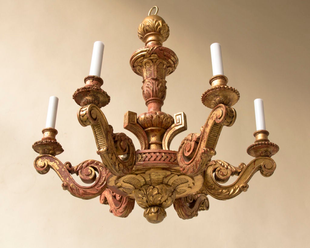 Louis XVI style carved and giltwood 6 light chandelier- In Good Condition For Sale In New York, NY