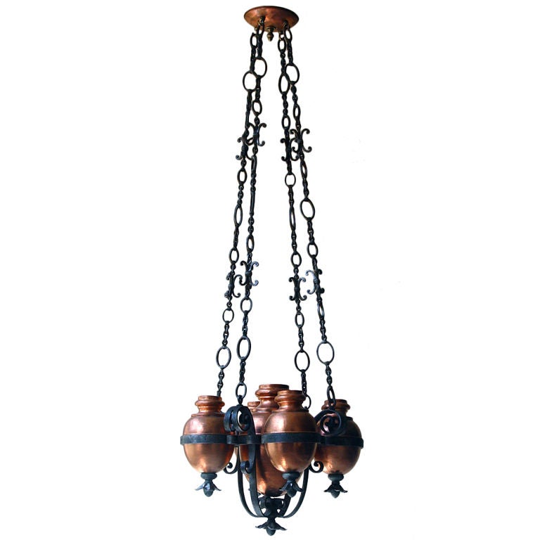 An Unusual Arts and Crafts hanging fixture with copper urns For Sale