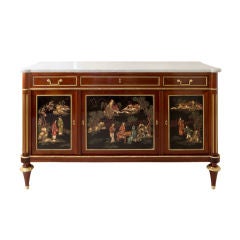 Louis XVI style mahogany 3 door buffet w/ Chinoiserie panels