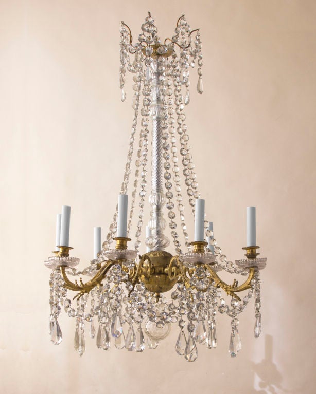 A neo-classical style gilt bronze and crystal and glass chandelier,  9 arms extending from a central gilt bronze ball and glass central column, French c.1880<br />
Diameter-24