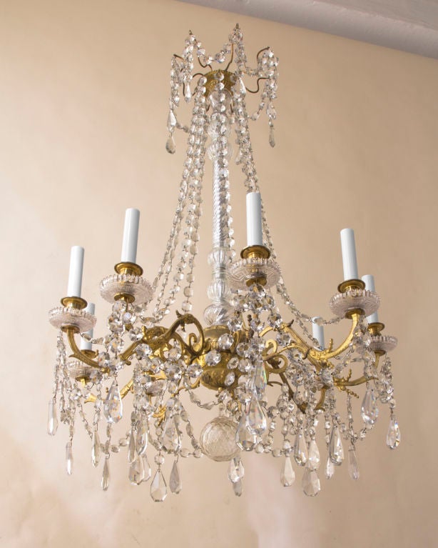 Neo-classical style gilt bronze and crystal and glass chandelier In Good Condition In New York, NY