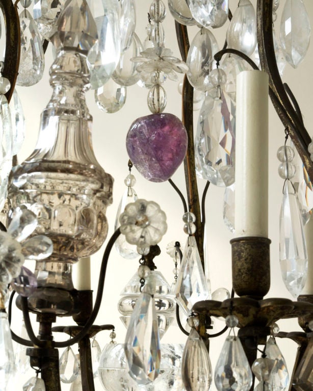 A fine Louis XV style cage chandelier, rock crystal and glass ornamentst, 6 lights, French, 20th century, not wired, as is