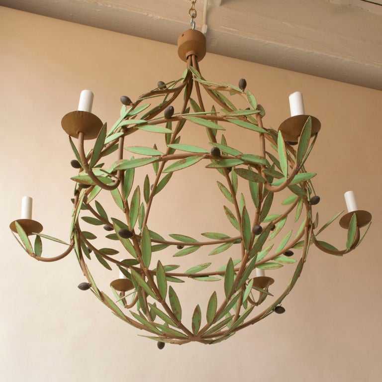 A French Provencial style painted metal chandelier, with leaf and olive decoration, 6 lights, Continental, 20 Century,wired for electricity