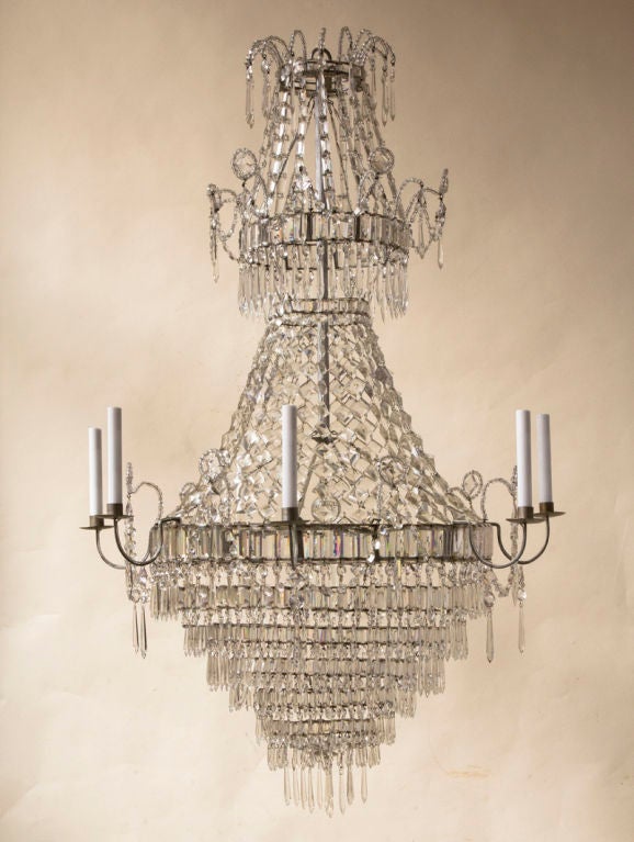 A Directoire period crystal basket shaped chandelier,  8 lights,Continental, probably Spanish, wired for electricity