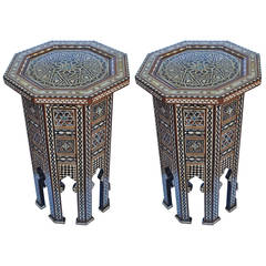 Pair of Tall Syrian or Moroccan Octagonal Mother of Pearl Inlay Tables Pedestals