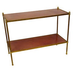 French Two Tiered Table or Shelf Leather and Brass
