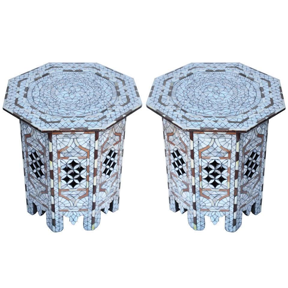 Fine Pair of Octagonal Syrian Mother-of-Pearl Inlay Side Tables Moorish