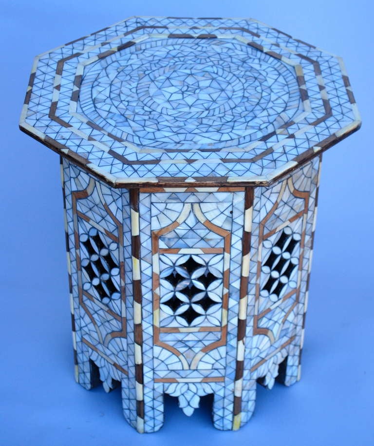 Very nice intricate pair of mother-of-pearl and bone inlay Syrian tables. Very heavy and well made in excellent condition.