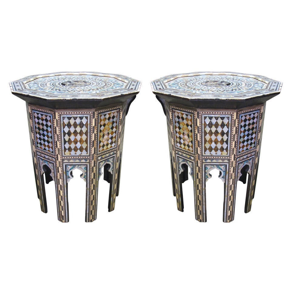 Stunning Pair of Mother of Pearl, Abalone Inlay Moroccan or Syrian Side Tables