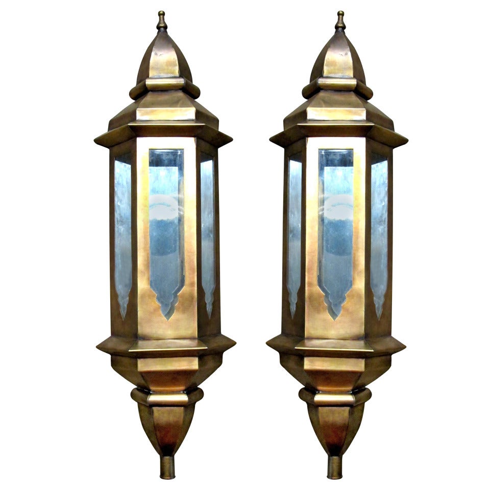 Pair of Tall Metal Moroccan Wall Lanterns with Mirror Interior