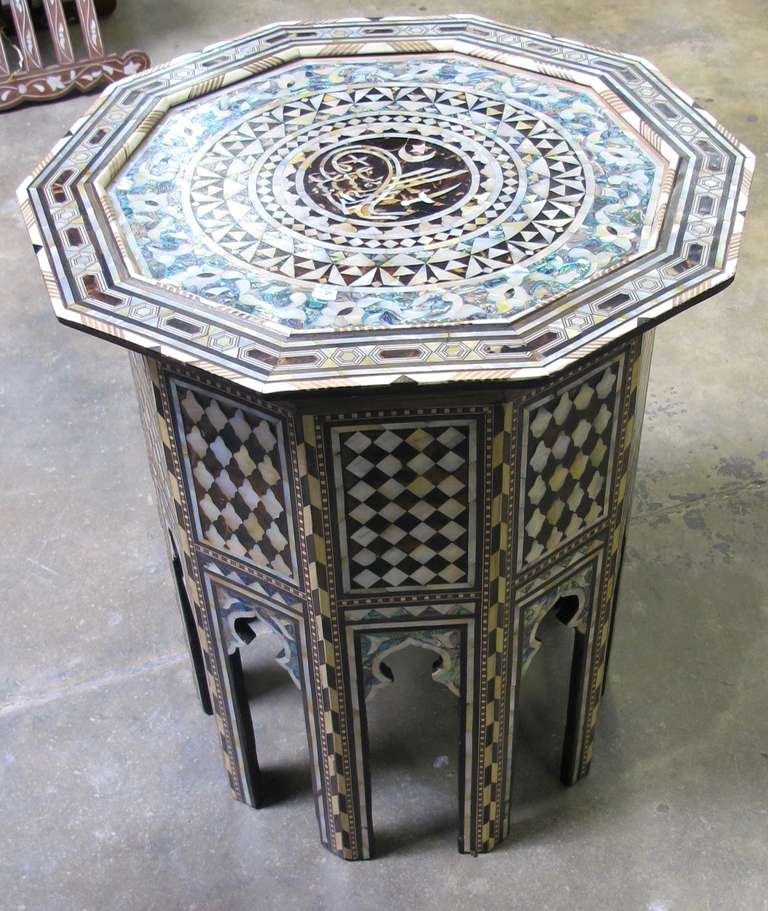 Stunning Pair of Mother of Pearl, Abalone Inlay Moroccan or Syrian Side Tables In Excellent Condition In Montecito, CA