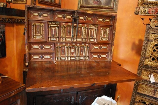 Very Nice 17th Century Spanish Vargueno (traveling writing desk). Bone inlay and carving and gilding throughout. Incredible original iron work throughout.  (only the vargueno, no base)