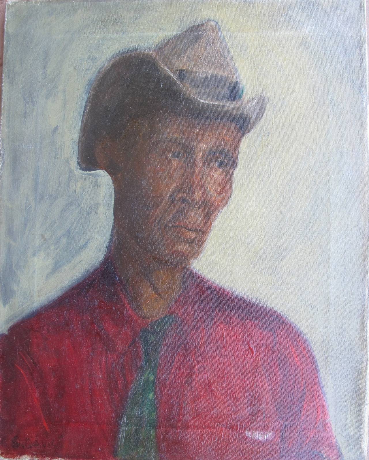 1930s portrait of man in cap. Oil on canvas.
