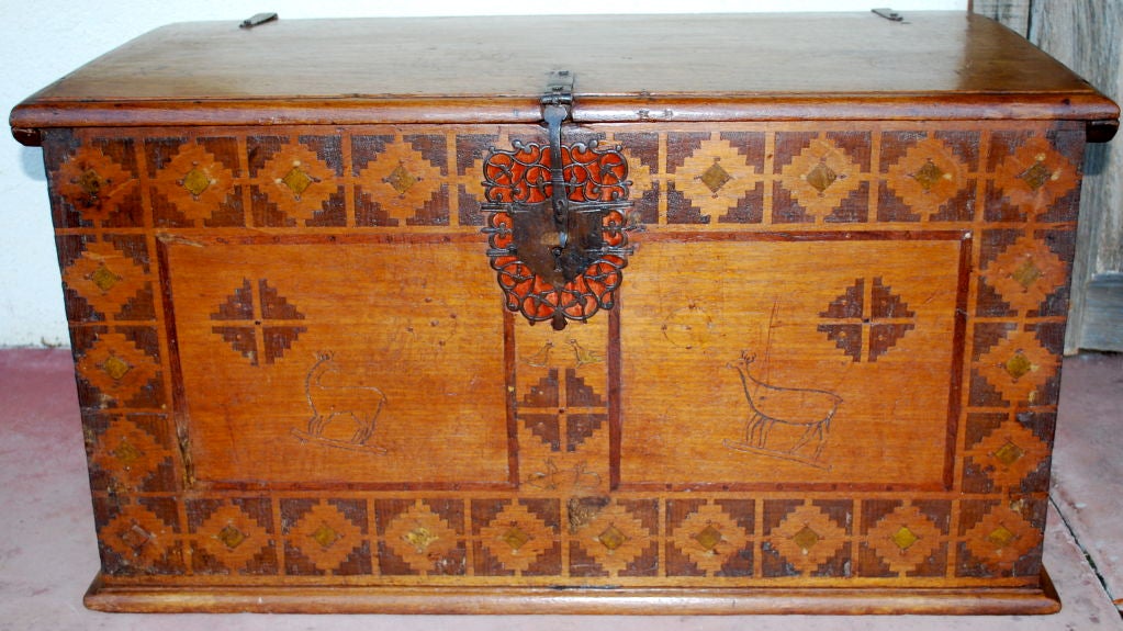 18th Century Mexican Marquetry Chest. Beautiful iron lockplate with velvet backing. Marquetry Geometric, carved deer designs (may be later).