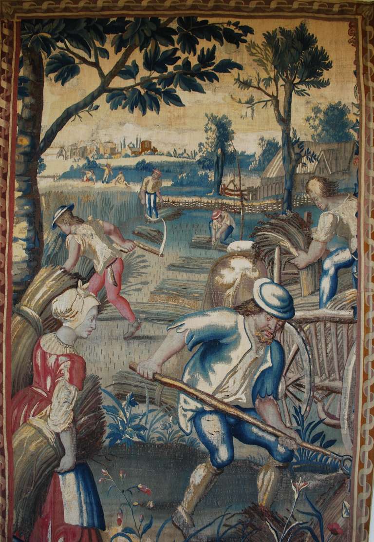 Lovely 17th Century Flemish tapestry. The scene contains wheat farmers tending to the fields.