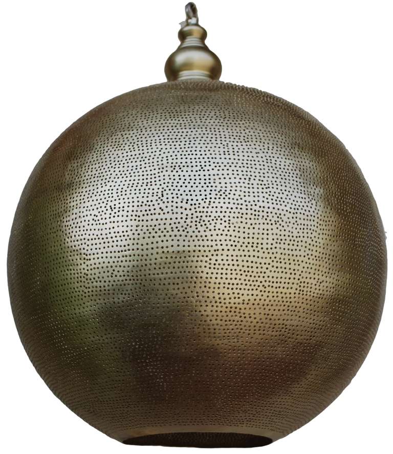 Beautiful brass orb pendant with small holes throughout body of light. The bottom has a larger whole for light.
If not in stop please contact for lead time.