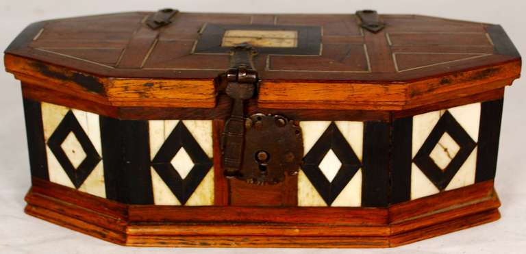 Beautiful 18th Century Spanish Colonial box with bone and ebony only. Interior painted in a traditional red with various compartments. Top inlay has small bird design.