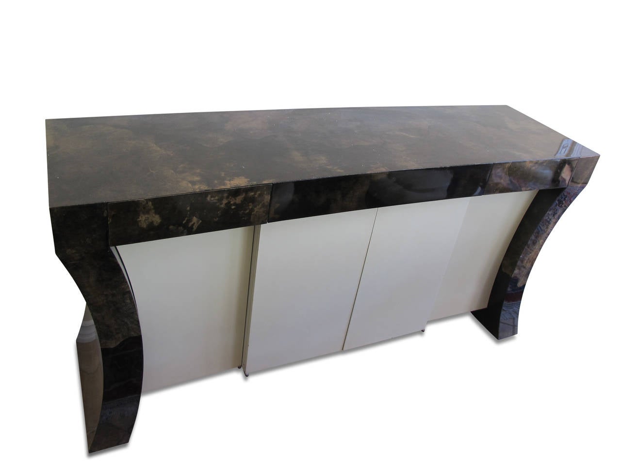Very attractive Karl Springer goat hide console custom-made for the home of tennis icon Bjorn Borg in the late 1970s-early 1980s. It is part of the dining set in another listing.