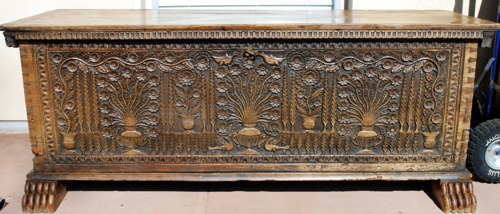 Gorgeous carved 17th Century chest. Carved floral patterns, with Cyprus trees, bird images. Dentil moldings. Beautiful patina.<br />
<br />
<br />
<br />
<br />
<br />
<br />
<br />
<br />
<br />
<br />
Haskell Antiques-Specializes in