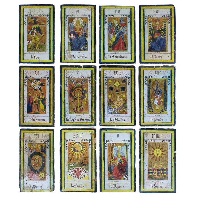 Amazing Collection of 22 Large 19th Century French Tarot Card Tiles at