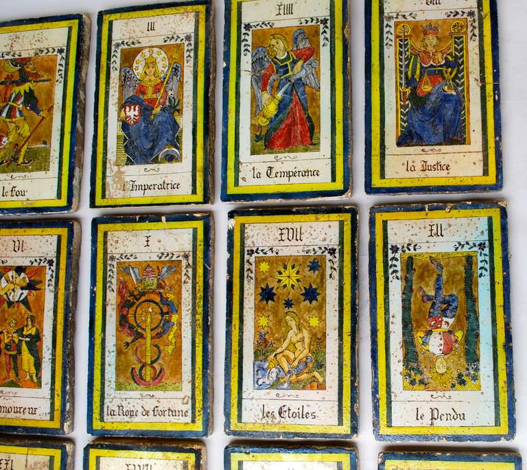 Amazing Collection of 22 Large 19th Century French Tarot Card Tiles In Good Condition In Montecito, CA